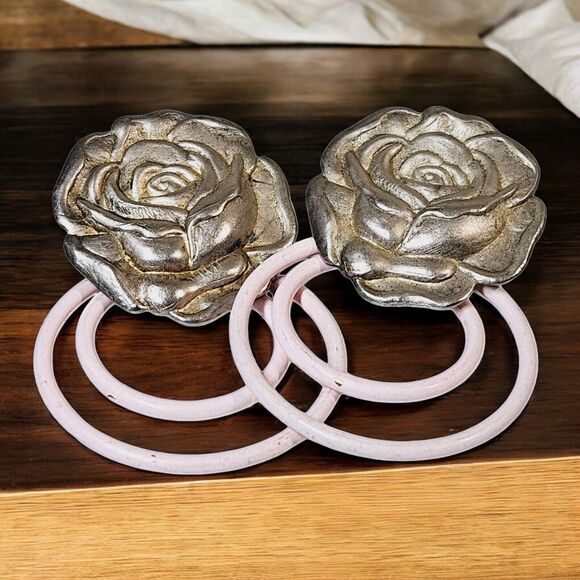 Vtg Pewter 3D Metal Rose Earrings Baby Pink Double Loops Romantic Roses Flower - Picture 2 of 11